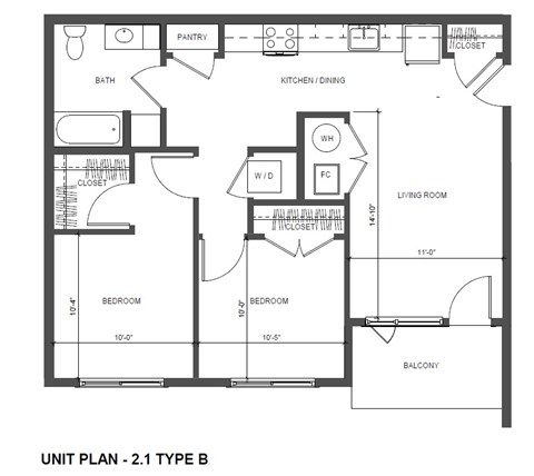 Floor plan for 2 beds, 1 bath, 775 sqft